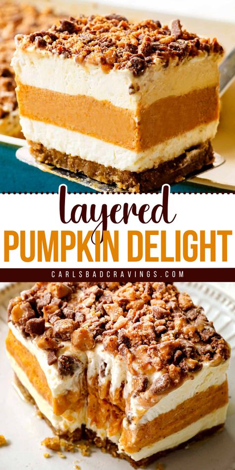 Try Layered Pumpkin Delight, also known as Pumpkin Lush, for a great holiday treat! This Thanksgiving dessert recipe and Christmas dessert idea features a pecan Graham cracker crust, cheesecake, pumpkin fluff, homemade whipped topping, and toffee bits. Enjoy this easy to make delight! Pumpkin Pie Trifle Desserts, 3 Layer Pumpkin Pie, Layered Pumpkin Cheesecake Bars, Christmas Delight Dessert, Pumpkin Eclair Dessert, No Bake Pumpkin Layered Dessert, Pumpkin Crunch Dessert, Pumpkin Pie Delight, Delight Recipes Desserts