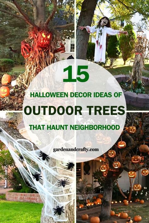 15 Spooktacular Halloween Decoration Ideas for Outdoor Trees Amazing Outdoor Halloween Decorations, Halloween Yard Tree Decorations, Halloween Outside Tree Decorations, Diy Tree Halloween Decor, Halloween Outdoor Tree Decor, Halloween Outdoor Bush Decorations, Halloween Decorations For Trees Outside, Halloween Decor Tree Outdoor, Halloween Decorations Tree Outdoor