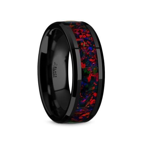 CYPHER Black Ceramic Polished Beveled Edges Men’s Domed Wedding Band with Black Opal Inlay - 8mm Ceramic Wedding, Ceramic Ring, Special Ring, Ceramic Rings, Mens Wedding Rings, Black Ceramic, Black Opal, Mens Wedding Bands, Wedding Men