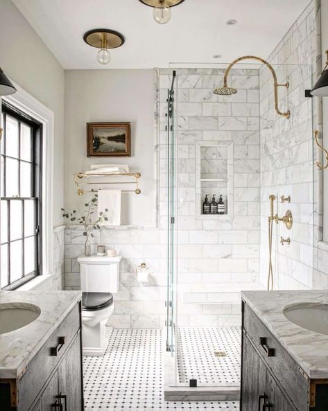 Learn about this white marble bathroom with a vintage twist. Zio and Son's remodeled a Catskill primary bath into a luxurious space. Vintage Modern Bathroom Ideas, Vintage Bathroom Remodel Ideas, Marble Subway Tile Bathroom, Bathroom With Marble Tile, Marble Bathroom Ideas, Vintage Bathroom Remodel, White Marble Bathroom, Steampunk Bathroom, Rustic Master