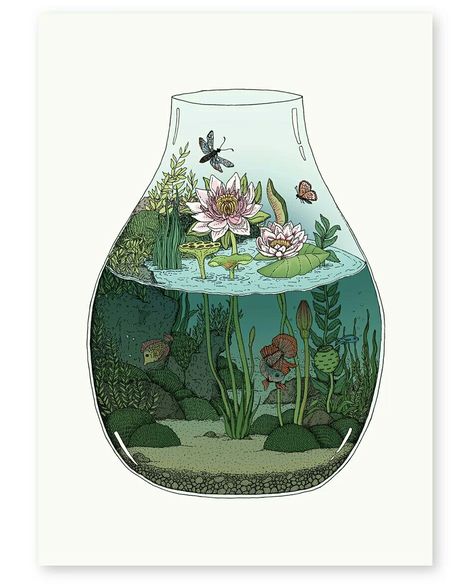 Ecosystem Illustration, Potion Aesthetic, Fish Terrarium, Seaweed Illustration, Illustration Underwater, Watercolor Skies, Ocean Illustration, Underwater Fish, Art Mignon