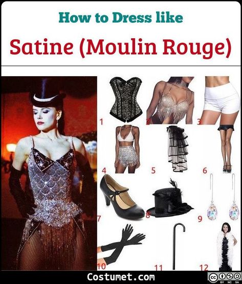 Satine from Moulin Rogue costume is a sparkling corset top, a shiny crystal skirt, a black train, a top hat, long satin gloves, crystal earrings, net stockings, and Mary Jane shoes.           #Female #movies #female #musician #sexy #MoulinRouge #dancer #French #NicoleKidman Nicole Kidman Moulin Rouge Costume, Satine Moulin Rouge Halloween Costume, Satine Costume Moulin Rouge, Moulin Rogue Costume, Moulin Rouge Outfits Burlesque, Moulin Rouge Costumes Halloween, Moulin Rouge Outfits Ideas, Moulin Rouge Halloween Costume, Moulin Rouge Outfits Dresses