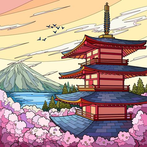 Japan Landscape Illustration, Japan Scenery Drawing, Japanese Castle Drawing, Japanese Drawing Aesthetic, Japan Landscape Drawing, Japan Drawing Easy, Japan City Drawing, Japan Aesthetic Drawing, Illstallation Art