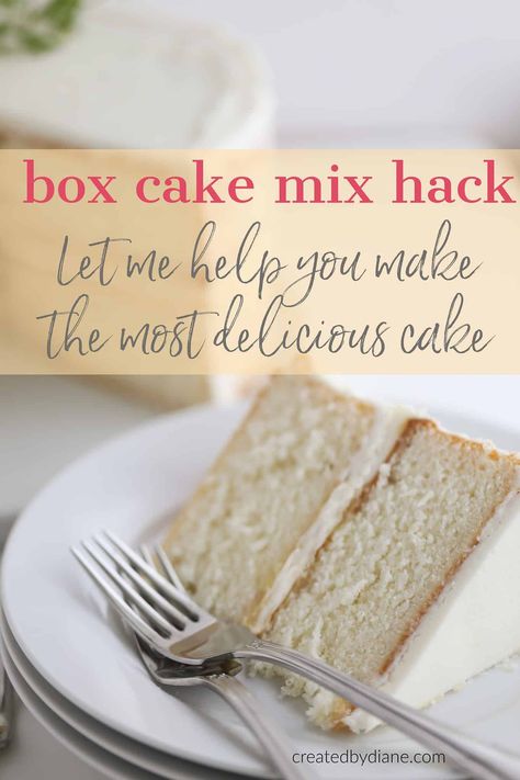 box cake mix hack, white cake with sour cream frosting 2 layer createdbydiane.com Cake 2 Layer, White Almond Sour Cream Cake, Almond Sour Cream Cake, Moist White Cake, Sour Cream Frosting, Boxed Cake Mixes Recipes, White Cake Recipe, Cake Hacks, Sour Cream Cake