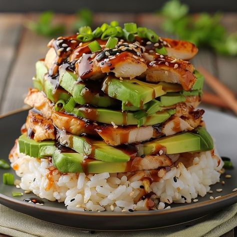 Teriyaki Salmon Avocado Rice Stack, Teriyaki Chicken Avocado Rice Stack, Chicken Avocado Rice, Meal Board, Aesthetic Meals, Asian Cusine, Light Dinners, Fish Dinners, Avocado Rice