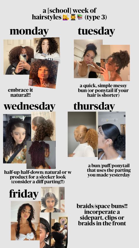 #hairstyles #hairinspo #hairstyleideas #curlyhair #curlyhairstyles #type3 Type 4b Natural Hair Styles, Curly Softball Hairstyles, Week Of Curly Hairstyles, How To Make Braids Last Longer, Curly Hairstyles Videos Tutorials, Hairstyles For Low Density Hair, Curly Hairstyles For The Week, How To Detangle Curly Hair, Curly Hair Inspiration Easy Hairstyles