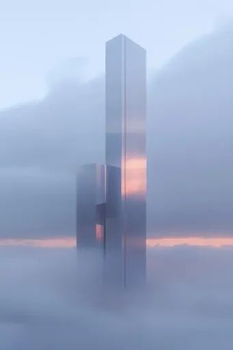 ↑↑↑ Larger size on website 🔸 A tall, slender skyscraper pierces the clouds. The building is made of reflective glass, reflecting  🔸 From Midjourney AI Image Misty Landscape, Glass Building, City Shorts, The Mist, The Fog, The Building, Urban Landscape, The Clouds, Skyscraper