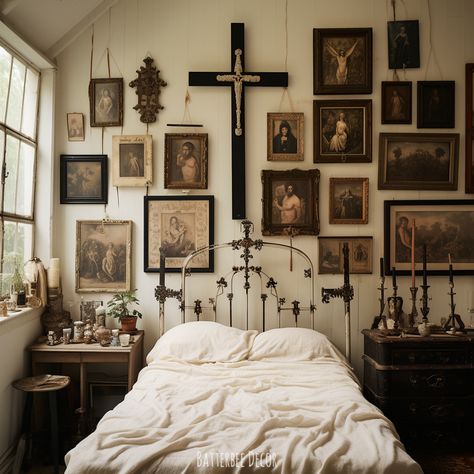 Gallery wall with gorgeous crosses in creams and browns. Gothic Decor White Walls, Goth Room With White Walls, Southern Gothic Bedroom, Cross Gallery Wall, Cross Room Decor, Brown Bedroom Walls, Gothic Religious Aesthetic, Gothic Gallery Wall, Victorian Gothic Home Decor