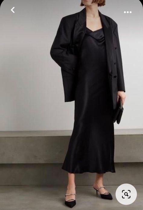 Silk Dresses Outfit, Oversized Tailoring, Black Wardrobe, Effortlessly Chic Outfits, Glad Rags, Black Satin Dress, Suede Mules, Workwear Fashion, Backless Design