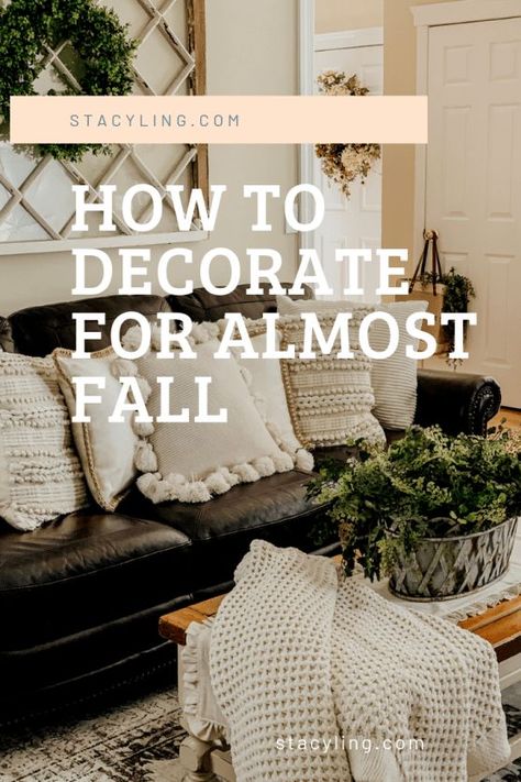 How to Decorate for Almost Fall, summer decor, fall decor, fall decoration, summer decoration, farmhouse style, dark brown leather sofa, dark brown leather couch, throw pillows, cozy home, neutral decor, woods and white, modern farmhouse style Leather Couch Throw Pillows, Early Fall Decor, Dark Leather Couches, Throw Pillow Ideas, Dark Brown Leather Sofa, Brown Leather Couch Living Room, Brown Leather Furniture, Dark Brown Sofas, Leather Couches Living Room