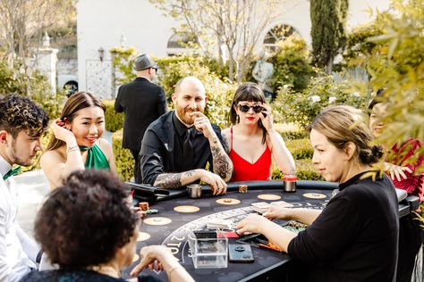 hollywood glam wedding idea: casino! let your guests gamble! poker tables, blackjack, roulette Wedding Poker Table, Blackjack Table, Hollywood Glam Wedding, Poker Tables, Casino Wedding, Cocktail Hour Wedding, Wedding 2025, California Elopement, Orange County Wedding