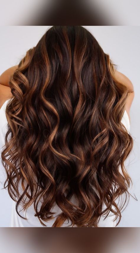 This shade of dark brown with cinnamon highlights is to die for! Notice how gorgeous the dimension appears in this balayage hair. (Photo credit IG @hairstylist.madison) Dark Brown Hair With Red And Caramel, Chocolate Brown Hair With Cinnamon Highlights, Dark Brown With Cinnamon Highlights, Cinnamon Balayage On Dark Hair, Black Hair With Cinnamon Highlights, Maple Highlights On Dark Hair, Dark Brown Hair With Cinnamon Balayage, Balayage Hair Cinnamon, Cinnamon Balayage On Black Hair