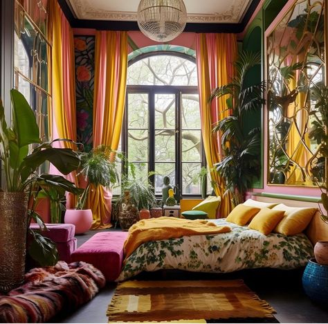 Jungle Maximalist Bedroom, Eclectic Salon Suite Decor, Maximalist Feminine Bedroom, Nature Maximalist Decor, Yellow Maximalist Bedroom, Light Maximalist Bedroom, Colorful Maximalist Interior Design, Maximalist Comforter, Maximalist Interior Design Living Room