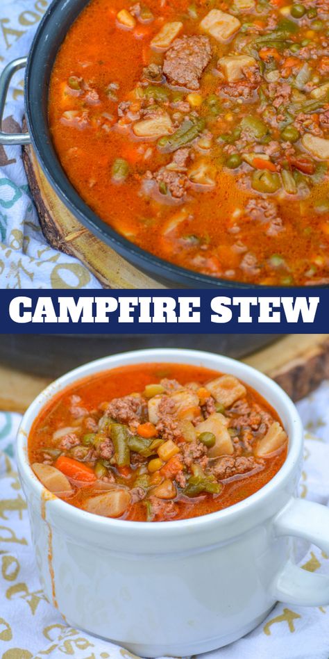 Stew is good, it's comforting, and evokes such great wonderful feelings- it doesn't have to be hard to whip together though, even on a camping trip. With three different preparation methods, this 4 ingredient Campfire Stew is a cozy, hearty (quick and easy) beef & vegetable stew, with options! via @4sonrus Camp Stew Recipe, Camping Stew, Camp Stew, Beef Vegetable Stew, Campfire Stew, Chicken Tikka Masala Recipes, Ground Beef And Potatoes, Camping Dinners, Campfire Food