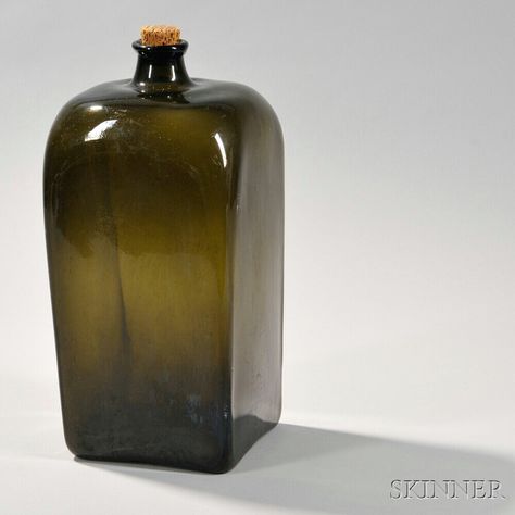 Large Early Blown Case Bottle, late 18th century, square-sided with tooled rim and round pontil base, (minor wear), ht. 17 1/4, wd. 8 1/4, dp. 8 1/4 in. Large Glass Bottle, Glass Flask, Gin Bottle, Antique Glass Bottles, Glass Bottles Art, Gin Bottles, Antique Bottles, Vintage Bottles, The Crow