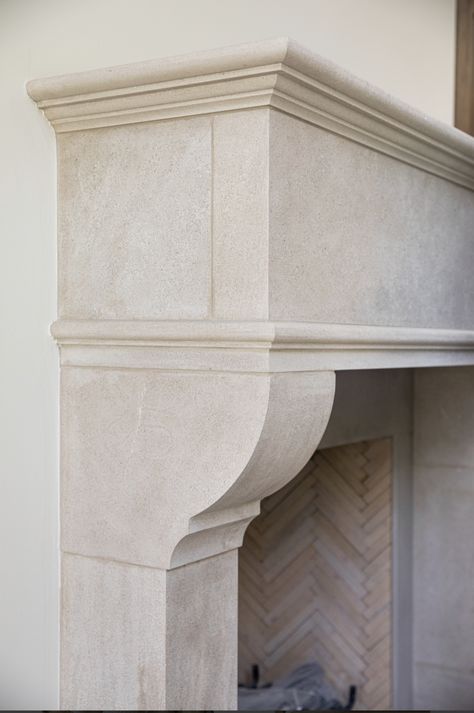 Limestone Surround Fireplace, Limestone Mantel Fireplace, Double Story Fireplace, Limestone Mantle Fireplace, Cast Limestone Fireplace, Stone Mantel Fireplace, Modern Mediterranean Fireplace, Plaster Mantle, White Oak Mantle