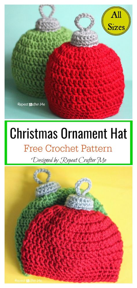 Christmas Ornament Hat Free Crochet Pattern Crocheted Christmas Ornaments, Free Form Crochet, Crochet Christmas Hats, Crocheted Christmas, Repeat Crafter Me, Christmas Beanie, Easy Crochet Hat, Crochet Christmas Trees, Holiday Crochet