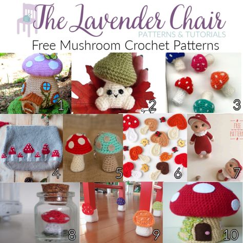 Free Crochet Mushroom, Mushroom Patterns, Crochet Baby Sandals Pattern, Lavender Chair, The Lavender Chair, Leg Warmers Crochet Pattern, Crochet Woodland, Mushroom Crochet, Crochet Coasters Free Pattern