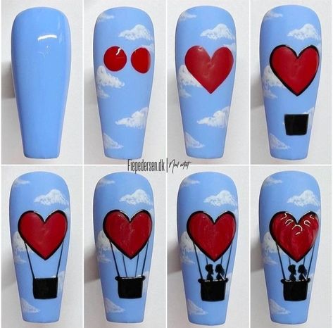 Hot air balloon nails Ballon Nail Art, Rose Nail Art Tutorial Step By Step, Hot Air Balloon Nail Designs, Hot Air Balloon Nail Art, Heart Design Nail Art, Hot Air Balloon Nails, Step By Step Nail Designs, Nails Art Paso A Paso, Balloon Nails