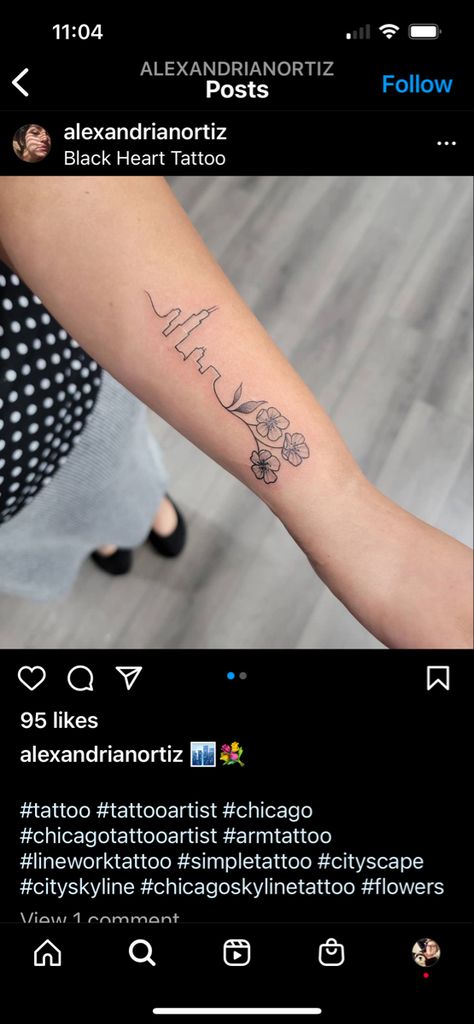 Chicago Tattoo Ideas, Chicago Skyline Tattoo, Black Heart Tattoos, Mountains Tattoo, Skyline Tattoo, Chicago Tattoo, Tattoo Line, Mountain Tattoo, Line Work Tattoo