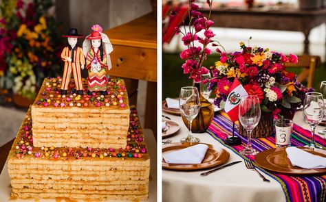 Peruvian Table Decor, Peruvian Wedding Cake, Peruvian Wedding Ideas, Peruvian Party Decorations, Peruvian Wedding Decorations, Bolivian Wedding, Peru Decor, Peruvian Party, Peruvian Inspired Wedding