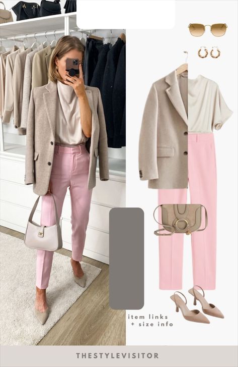 Pink And Beige Outfit, Pink Pants Outfit Work, Trousers Outfit Work, Pink Trousers Outfit, Casual Trench Coat Outfit, Pale Pink Pants, Pink Pants Outfit, Pants Outfit Work, Business Lady