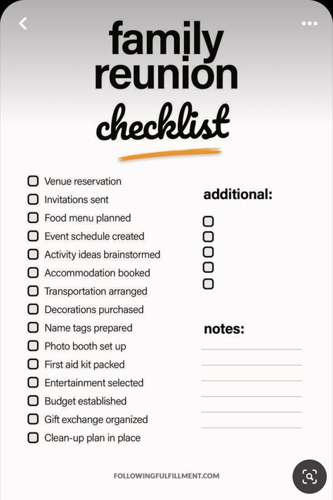 Family Reunion To Do List, Family Reunion Organization, Family Reunion Checklist Free Printable, Planning A Family Reunion Checklist, How To Plan A Family Reunion, Family Reunion Checklist, Prom Planning Checklist, Family Reunion Itinerary, Family Reunion Food Ideas