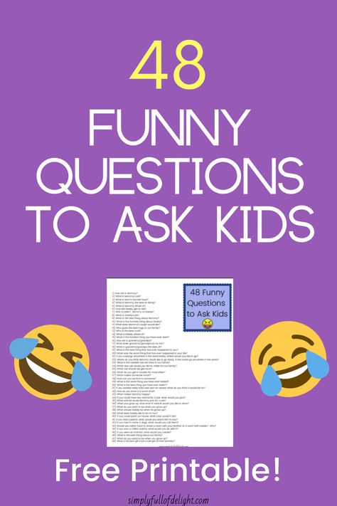 Bring some laughter to your day with these 48 Funny Questions to ask kids! Perfect for making memories and sharing a laugh with your child. Questions To Ask Your Kindergartener, 100 Questions To Ask Your Kids, Kids Interview Questions, Questions To Ask Kindergarteners, New Years Questions For Kids, Questions To Ask Grandchildren, Questions For Grandkids, Questions To Ask Your Grandkids, Dinner Questions For Kids