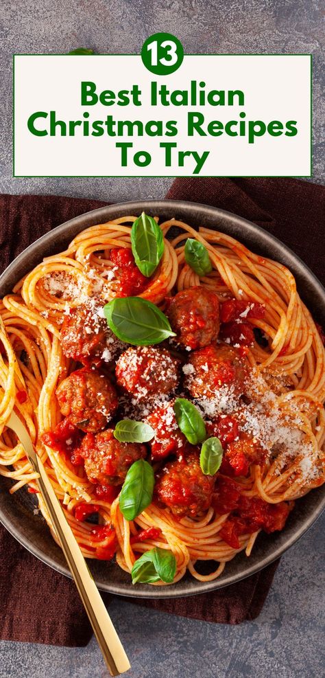 A plate of Italian spaghetti and meatballs topped with marinara sauce, grated Parmesan cheese, and fresh basil leaves. The rich red sauce and green basil provide a festive Christmas touch, perfect for holiday dinners. This image highlights traditional Italian Christmas recipes, showcasing authentic flavors and vibrant presentation to inspire holiday meal planning. Italian Christmas Meal Ideas, Traditional Christmas Meal Ideas, Christmas Eve Italian Dinner, Lasagna For Christmas Dinner, Italian Christmas Menu Ideas, Traditional Christmas Dinner Menu Ideas, Italian Christmas Dinner Recipes, Italian Christmas Dinner Menu Ideas, Italian Christmas Eve Dinner Traditional