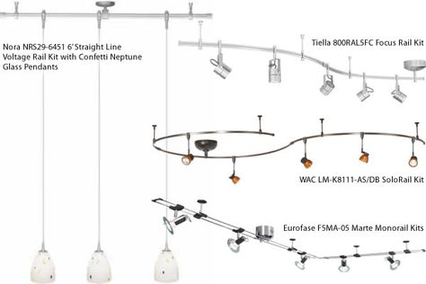 Monorail Track Lighting – The Basics | my design42 Kitchen Track Lighting, Over Island Lighting, Flexible Track Lighting, Rail Lighting, Monorail Lighting, Pendant Track Lighting, Track Lighting Kitchen, Coastal Condo, Chandelier Ideas