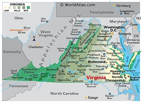 Physical Map of Virginia Virginia State Outline, Old Rag Mountain Virginia, Alexandria City, Virginia Wineries Map, Map Of Virginia, Wallops Island Virginia, Allegheny Mountains, Delmarva Peninsula, Shenandoah River