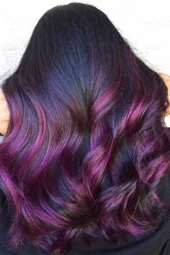 Deep Purple Highlights, Balayage Blue, Plum Hair Dye, Highlights Purple, Hair Color 2017, Aveda Hair Color, Hair Color Guide, Purple Balayage, Hair Color Plum