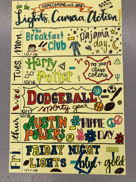 AGHS flyer for Homecoming 2018 celebrating movie genres. Student Council Activities, School Spirit Ideas Pep Rally, Pep Rally Themes, Spirit Week Themes, Spirit Day Ideas, High School Spirit, School Spirit Posters, Rally Idea, School Spirit Week