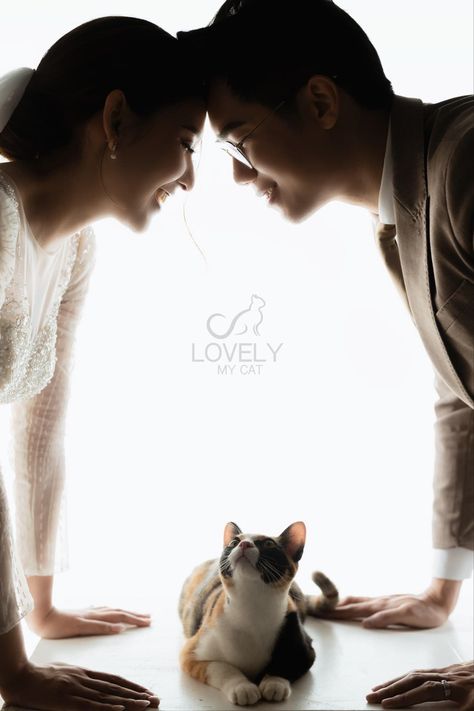 Prenup With Cats, Prenup Photoshoot Ideas With Cats, Pre Wedding New Concept, Prewedding Ideas With Cat, Pre Wedding With Dog, Vintage Pre Wedding Photoshoot, Couple With Cat Photography, Wedding With Cats, Couple And Cat Photoshoot