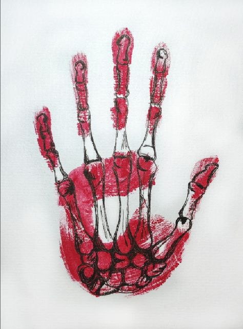 Painting Skeleton Hand, Hand Print Skeleton Painting, Hand Print Skeleton, Hand Print Drawing Ideas, Hand Print Art Aesthetic, Skeleton Hand Painting Canvas, Handprint Aesthetic, Arm Doodles Aesthetic, Skeleton Hand Aesthetic