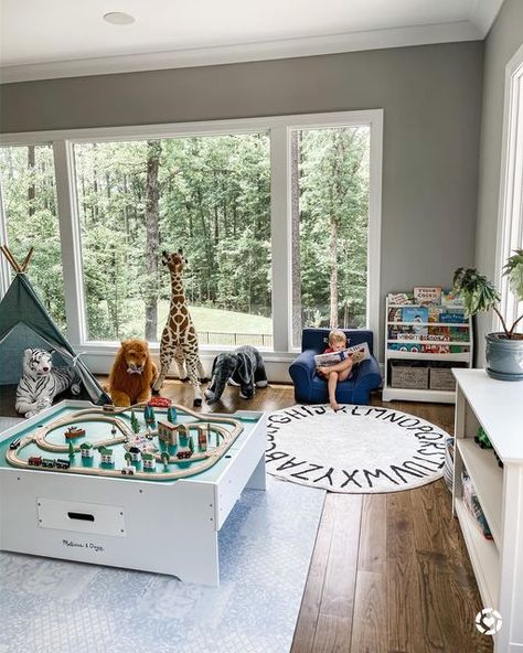 Playroom With Big Windows, Playroom With Windows, Large Multipurpose Room, Floor Plan With Playroom, Playroom Floor Plan, Family Room Ideas Kid Friendly, Den Playroom Combo, Playroom Family Room Combo, Sunroom Playroom Ideas