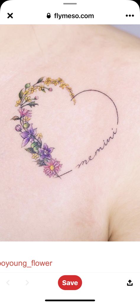 Heart Shape Tattoos For Women, Heart Shaped Flower Tattoo, Wildflower Heart Tattoo, Flower Memorial Tattoo, Floral Heart Tattoo, Heart With Flowers Tattoo, Flower Heart Tattoo, Girlie Tattoos, Memorial Tattoos Mom