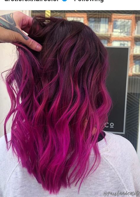 Red To Pink Balayage, Brown And Magenta Hair, Brown Roots Pink Hair, Lavender And Blonde Hair, Fuschia Hair, Magenta Hair Colors, Pink Hair Highlights, Dark Pink Hair, Pink And Black Hair