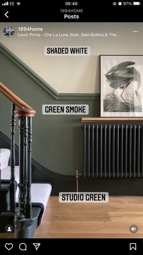 Dark Green Hallway, Lambriseringen Gang, Hallway Wall Colors, Dark Staircase, Stairs And Hallway Ideas, Green Hallway Ideas, Entrance Hall Decor, Hallway Paint, Victorian Hallway