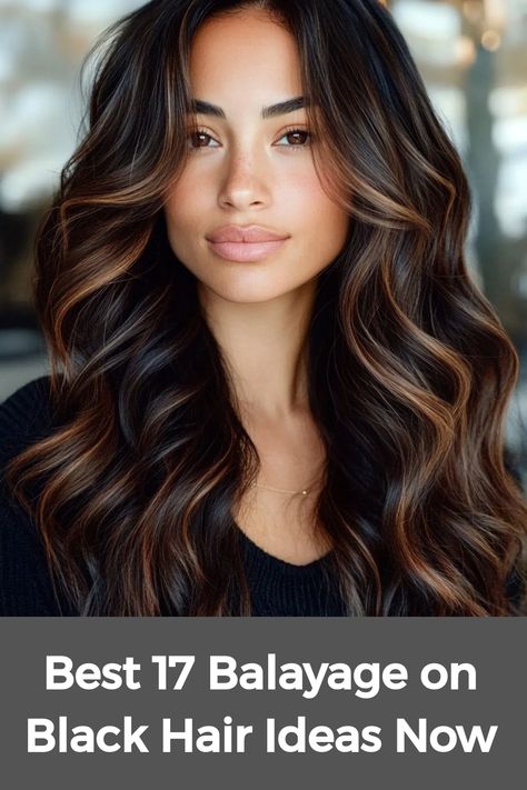 Black hair with balayage is a striking way to highlight natural beauty, ideal for short straight hair or curly textures. This hand-painted technique creates depth and dimension, giving a soft sun-kissed appearance. Caramel balayage brings warmth to sleek, short styles, while red balayage adds a bold touch. Curly hair benefits greatly, as the highlights bring out each curl, creating a lively and textured look that enhances the natural movement of the hair. Caramel Balayage For Black Hair, Balayage For Dark Brown Hair Medium, Black Natural Hair With Highlights, Balayage Hair Medium Length Dark Roots, Dark Brown Hair With Contrast, Black Hair With Mahogany Highlights, Latin Hair Color Ideas, Hazelnut Balayage On Black Hair, Honey Caramel Highlights On Black Hair