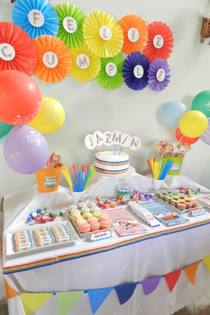 Rainbow dessert table Rainbow Birthday Party Ideas, Rainbow Desserts, Rainbow Parties, Party Dessert Table, Cupcakes Cake, Rainbow Birthday Party, Rainbow Baby Shower, Rainbow Theme, Rainbow Birthday