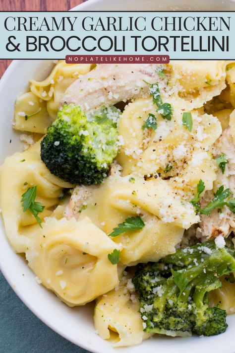 Creamy Garlic Chicken and Broccoli Tortellini is an easy comfort food, pasta weeknight dinner that’s a delicious, hearty, meal-in-one. It’s ready in just 20 minutes! Garlic Chicken And Broccoli, Broccoli Tortellini, Garlic Tortellini, Easy Quick Dinner, Use Leftover Chicken, Low Cal Diet, Chicken Broccoli Bake, Tortellini Bake, Broccoli Bake