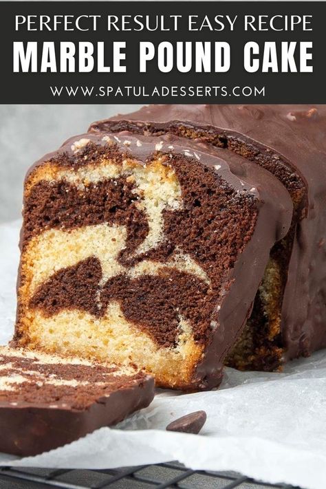 This wonderful moist Marble Loaf cake (Pound cake) is the perfect elegant yet easy teacake to serve for breakfast, or as a dessert! My "Better than Starbucks Marble cake" consists of fluffy and delicious swirl of Vanilla and Chocolate cake covered with a 3 ingredients crunchy chocolate hazelnut glaze! Chocolate Marble Loaf Cake, Marble Loaf Cake, Marble Pound Cake, Marble Loaf, Marble Cake Recipes, Loaf Cake Recipes, Best Chocolate Desserts, Marble Cake, Loaf Cake