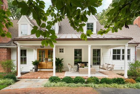 50 Front Porch Ideas to Elevate Your Home’s Curb Appeal | Architectural Digest House With Pergola Front Porch, Front Porch With Metal Roof, Simple Front Porch Landscaping, Flat Porch Roof, Landscape Around Front Porch, Covered Front Porch Addition, Ranch Style Front Porch Ideas, Off Center Front Door Porch, Adding Front Porch To Ranch Style House