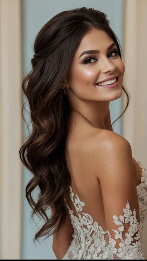 Discover the latest bridesmaid hairstyles for long hair from elegant updos to simple half up half down styles This guide showcases easy wedding hair ideas including boho braids beautiful brunette looks chic half up half down braids loose curls and stunning updo curls Elevate your bridal party's look with these versatile and stylish hairdos Pull Back Wedding Hairstyles, Wedding Hairstyles With Hair Down, Curly Half Up Half Down Bridal Hair, Bride Hairstyles For Long Hair Down, Boho Bridal Hair Down, Loose Curls Bridesmaid Hair, Volume Bridal Hair, Bride Half Up Half Down, Wedding Half Up