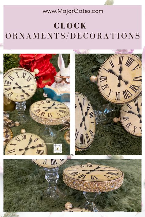 Make these easy and beautiful clocks for Alice In Wonderland, New Years, Wedding Centerpieces or other timeless themed decorating. #Onederland #PartyDecorations #PartyIdeas Alice In Wonderland Rabbit Clock Diy, Alice In Wonderland Clock Diy, Diy Wonderland Decorations, Mad Hatter Decorations Diy, Alice In Wonderland Table Decorations Centerpieces, Clock Centerpiece Wedding, Alice In Wonderland Tree Christmas, Alice In Wonderland Party Centerpieces, Alice In Wonderland Centerpiece Diy