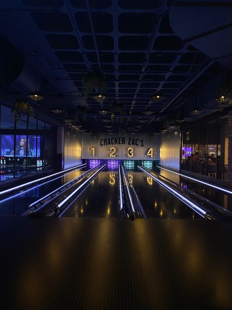 Bowling Area Design, Aesthetic Bowling Alley, Bowling Ally Aesthetic, Betting Aesthetic, Modern Bowling Alley, Bowling Alley Aesthetic, Bowling Alley Design, Bowling Room, Indoor Bowling Alley