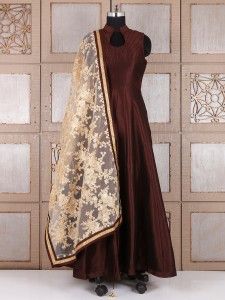 Plain dark brown silk anarkali suit Brown Anarkali Suits, Brown Anarkali Dress, Brown Salwar Suit, Brown Anarkali, Simple Silk Dress, Dress Design Pakistani, Simple Frock, Silk Dress Design, Suit Dupatta