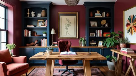 Inspiring Bohemian Home Office Ideas for Creative Workspaces Arts And Crafts Office, Basement Office Design, Maxamilist Home Office, Color Drenched Office, Thrifted Office, Home Office Orange, Purple Office Ideas, Pink Office Ideas, In Home Office Ideas