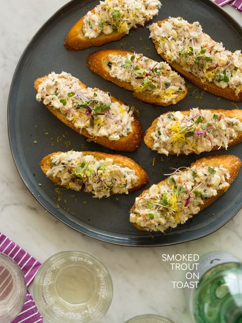 Smoked Trout on Toast Feta Toast, Smoked Trout Recipe, Cream Based Soups, Healthy Toast, Spoon Fork Bacon, Trout Recipes, Smoked Trout, Roasted Cherry, Whipped Feta